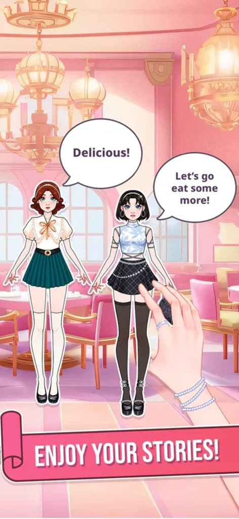 Two paper dolls in fashionable outfits talking in a restaurant setting with text saying enjoy your stories