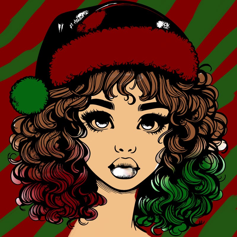 realistic girl with a santa hat curly hair and lips