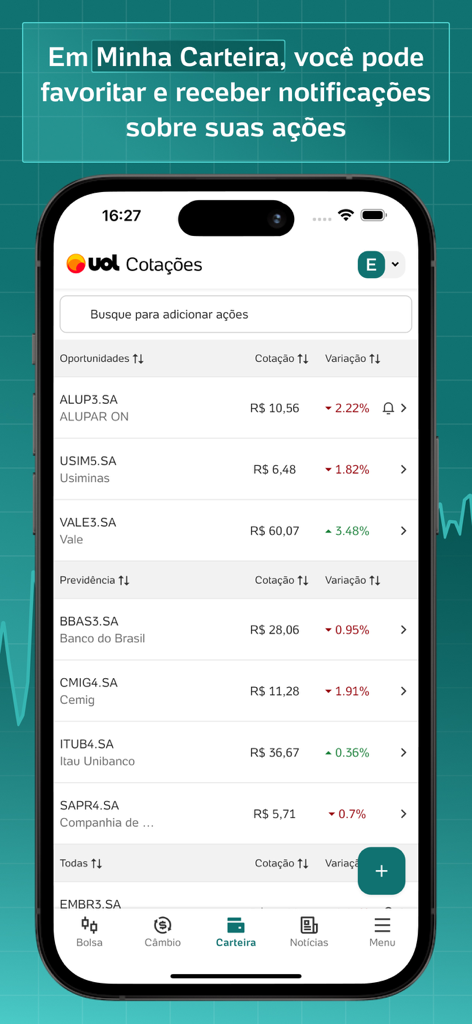 Tela 'Minha Carteira' do aplicativo UOL Cotacoes exibindo preços de ações brasileiras e variações