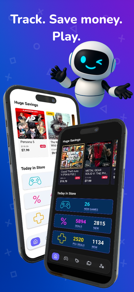 PS Store - Price tracker - PlayStation Store price tracker app interface showing game discounts and savings statistics on iPhone