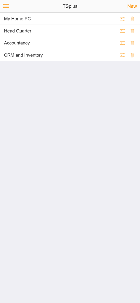 Interfaz de la aplicación TSplus Remote Desktop que muestra una lista de conexiones a ordenadores remotos guardadas como Mi PC de Casa y CRM