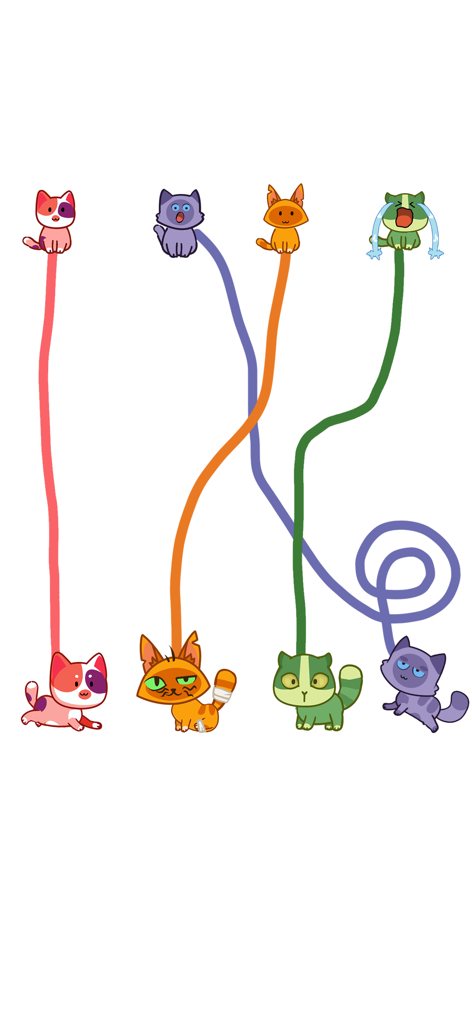 Cat Puzzle: Draw to Kitten - Puzzle game screen showing colorful lines drawn to connect adult cats with their kittens