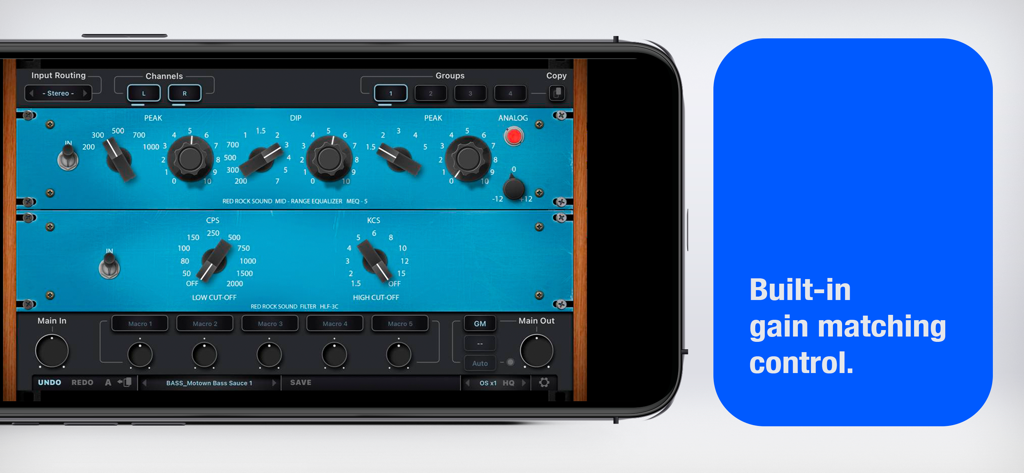 RRS MEQ-5 - A smartphone displaying the RRS MEQ-5 vintage equalizer interface with a callout for its built-in gain matching control.