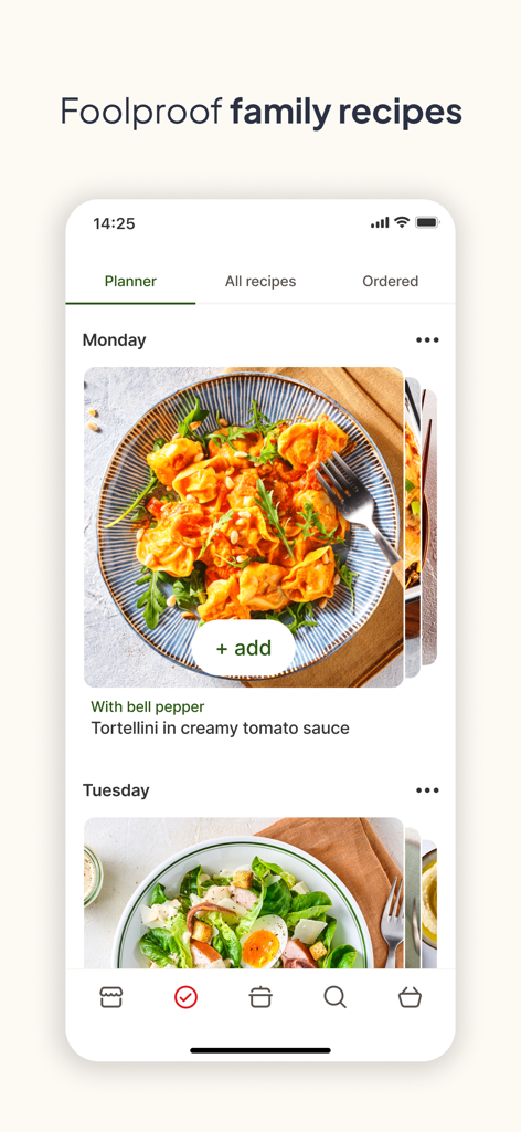 Picnic app interface showing a weekly meal planner with foolproof family recipes