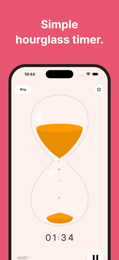 Hourglass - Simple Timer - Minimalist hourglass app interface with orange sand and digital countdown