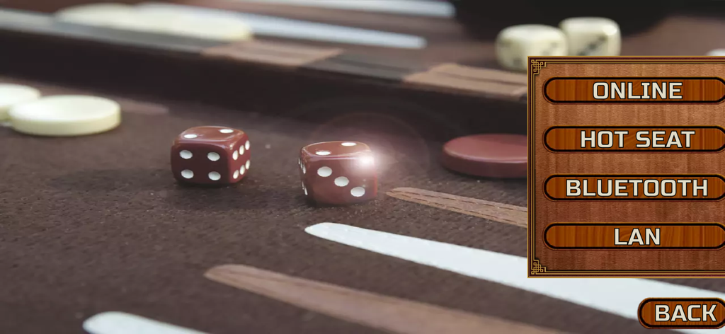 Backgammon 18 Online & Offline - A backgammon game menu overlaying a realistic board with dice and checkers showing multiplayer options like Online and Bluetooth.