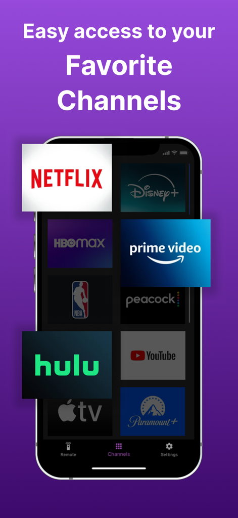 Remote for Roku・ - Un smartphone mostrando la interfaz de la aplicación de mando de Roku con una cuadrícula de canales de streaming favoritos como Netflix, Disney Plus y Hulu