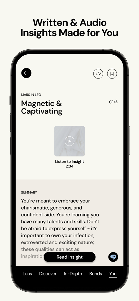 A mobile screenshot of The Pattern app showing a personalized written and audio personality insight.