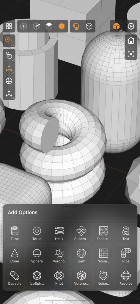 Valence 3D - A screenshot of the Valence 3D app interface showing a menu of 3D primitive shapes and wireframe models in a viewport