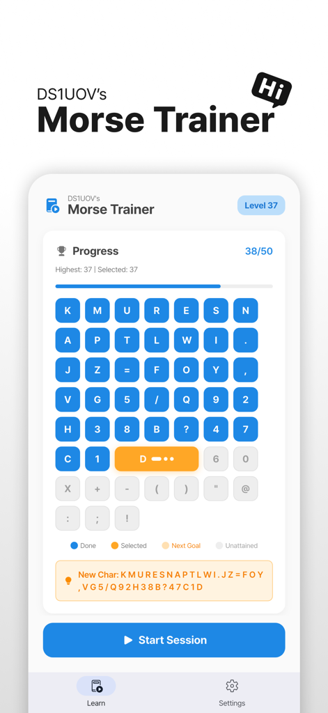 DS1UOV's Morse Trainer w/ Koch - Painel de progresso no aplicativo Morse Trainer mostrando uma grade de caracteres e níveis de treinamento