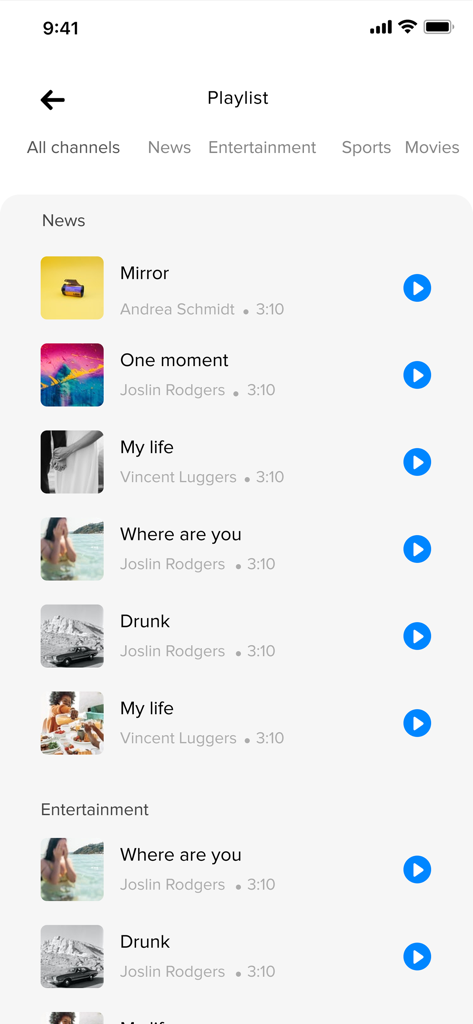 TV Cast App-Playlist-Bildschirm mit kategorisierten Video- und Mediendateien, die zum Streamen bereit sind