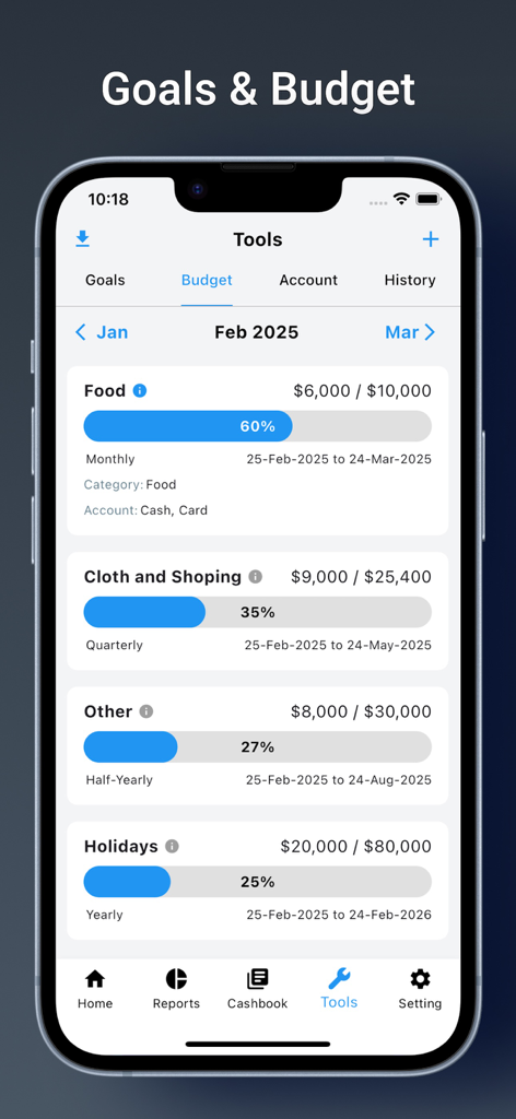 Money Manager: Budget Tracking - Mobile screen showing budget tracking with progress bars for categories like food and shopping