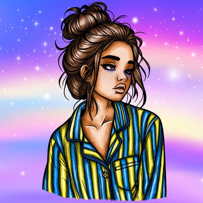 realistic woman with pajamas on and a messy bun