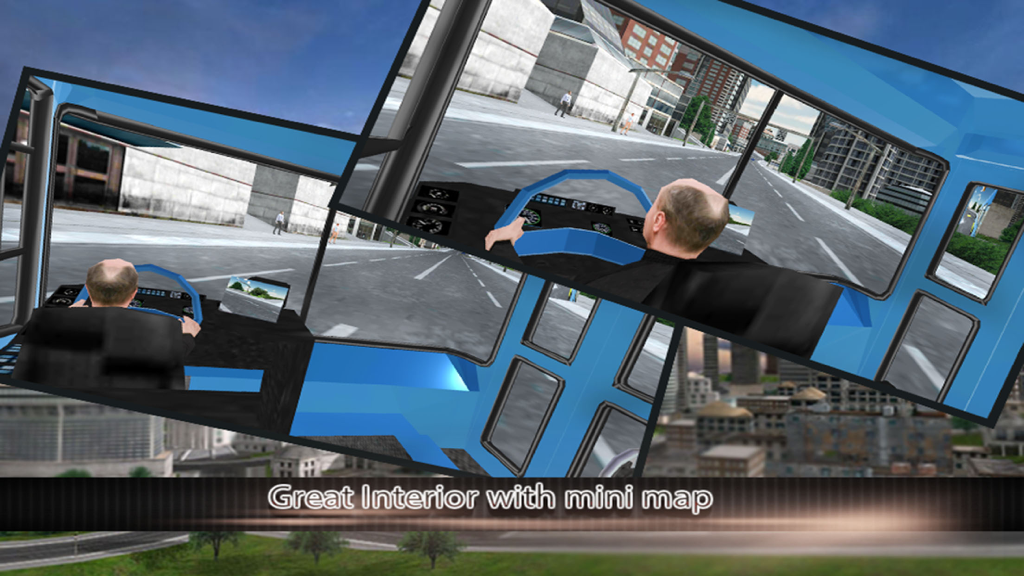 Modern city bus driver 3d : free simulation game - Uma simulação 3D mostrando o interior de um ônibus urbano com um motorista ao volante e um display de mini mapa