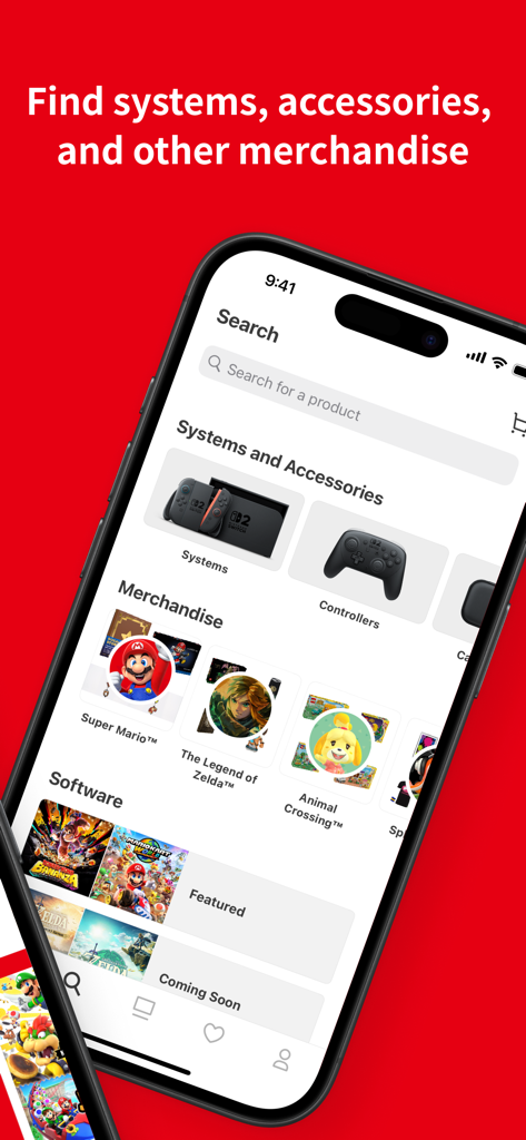 Nintendo Store - A mobile screen showing the Nintendo Store search page with categories for systems, accessories, merchandise, and software.