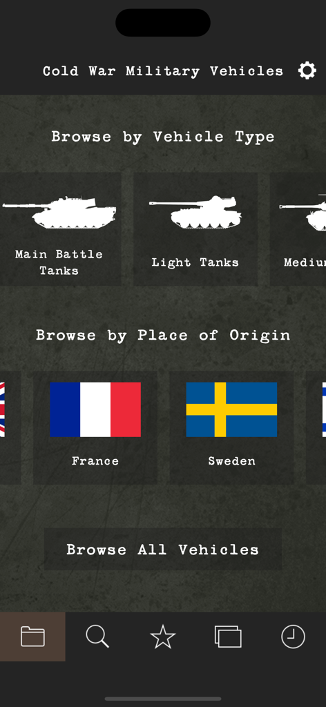 Cold War Military Vehicles - Menú principal de la aplicación Vehículos Militares de la Guerra Fría mostrando categorías para buscar por tipo de vehículo y lugar de origen