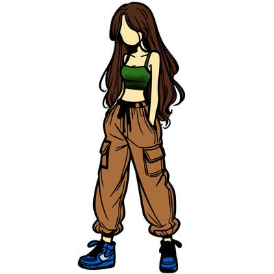 girl in baggy pants crop top and long hair