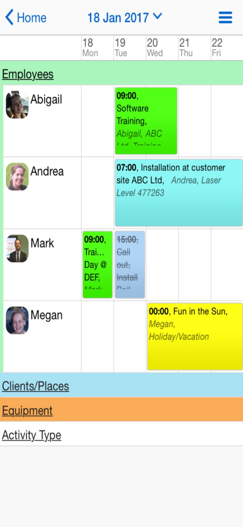 Vista del horario de carga de trabajo semanal y tareas de los empleados en la aplicación Schedule it Resource Planner.