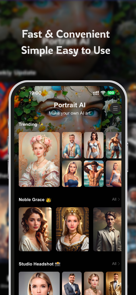 Portrait - AI Photo Generator - Interface do aplicativo Portrait AI exibindo diferentes estilos artísticos e profissionais de geração de fotos, como nobreza e retratos de estúdio