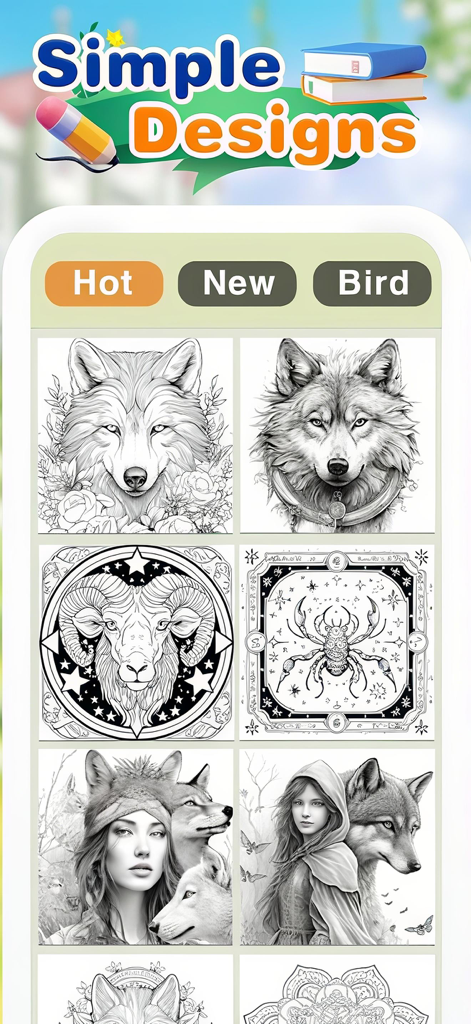 Interfaz de la app Color Flow que muestra una galería de diseños simples que incluyen lobos y retratos para colorear.