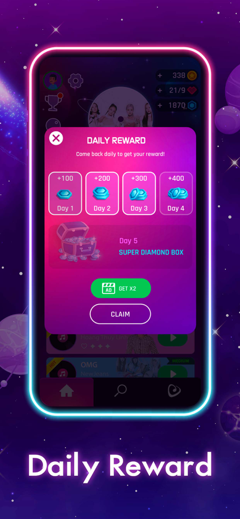 Dancing Road Color Match & Hop - Una captura de pantalla del juego móvil Dancing Road que muestra una ventana emergente de recompensa diaria con diamantes y un cofre