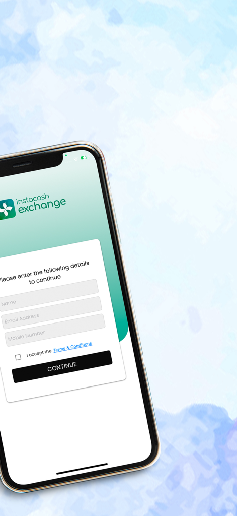 The registration screen of the InstaCash Exchange app displayed on a smartphone