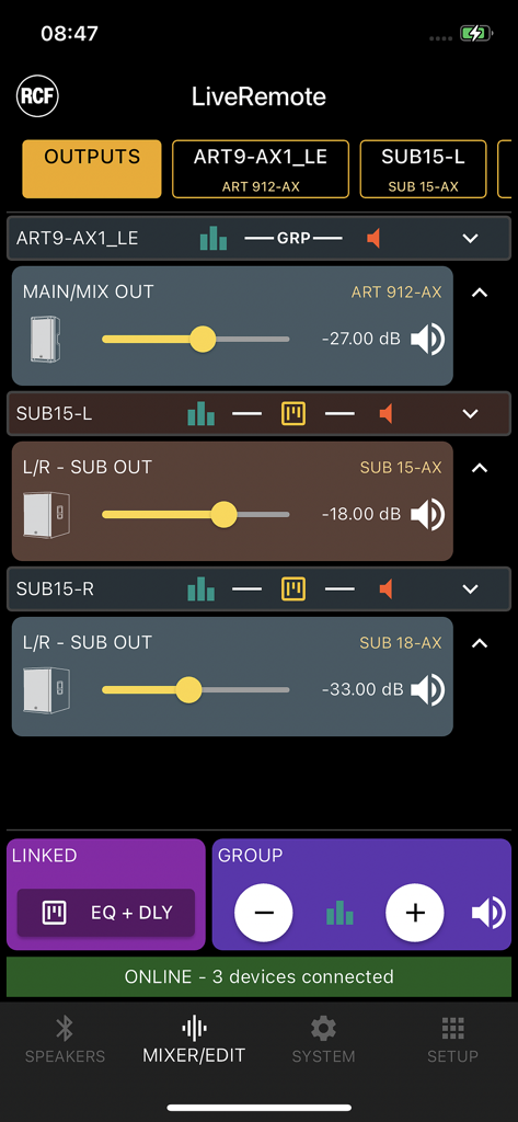 RCF LiveRemote - Interfaz de la aplicación RCF LiveRemote mostrando controles de volumen para altavoces profesionales ART 9-AX y SUB-AX