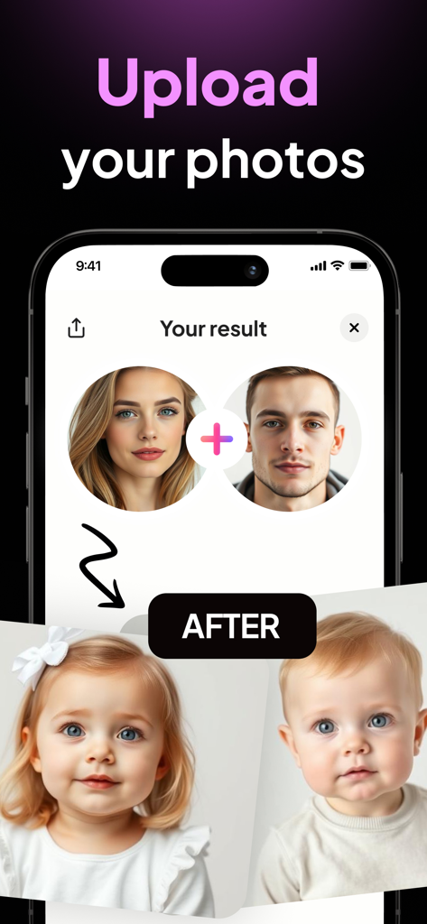 Baby Generator: AI Face Maker. - Baby Generator app interface showing parent photo upload and AI generated baby results