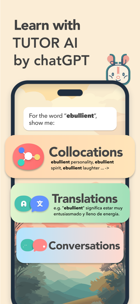 Vocabulary Builder by Atlas - Atlasアプリのインターフェース。コロケーション、翻訳、会話などの語彙学習のためのAIチューター機能が表示されている。