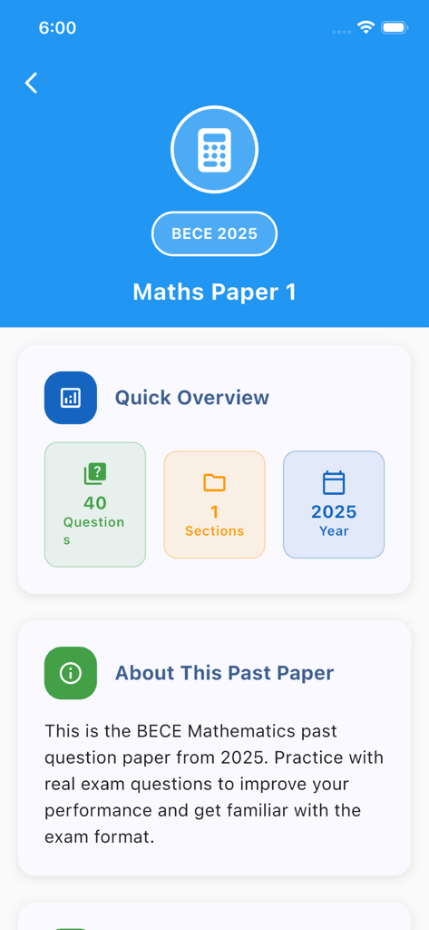 BECE Past Questions & Mocks - Tela do aplicativo móvel mostrando a visão geral rápida para a Prova 1 de Matemática do BECE de 2025 com contagem de questões e detalhes do exame