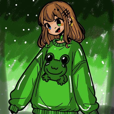 girl wearing frogging sweatshirt