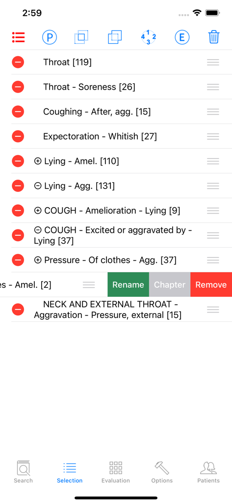 Auswahlseite der Boger-App mit einer Liste homöopathischer Rubriken und Symptommanagement-Tools