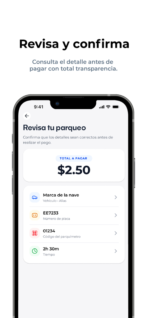 Parkea PTY - Mobile app screen showing a parking payment review with a total of two dollars and fifty cents