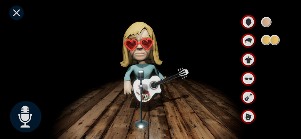 Comedy Night - The Voice Game - Avatar customization screen in Comedy Night showing a character with a guitar and heart-shaped sunglasses on stage