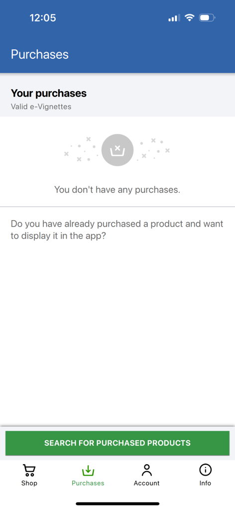 Purchases screen of the BGTOLL mobile app showing an empty state for e-Vignettes with a search button for existing products.