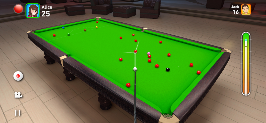 Captura de pantalla de jugabilidad de Real Snooker 3D mostrando una mesa de snooker 3D con perfiles de jugador para Alice y Jack