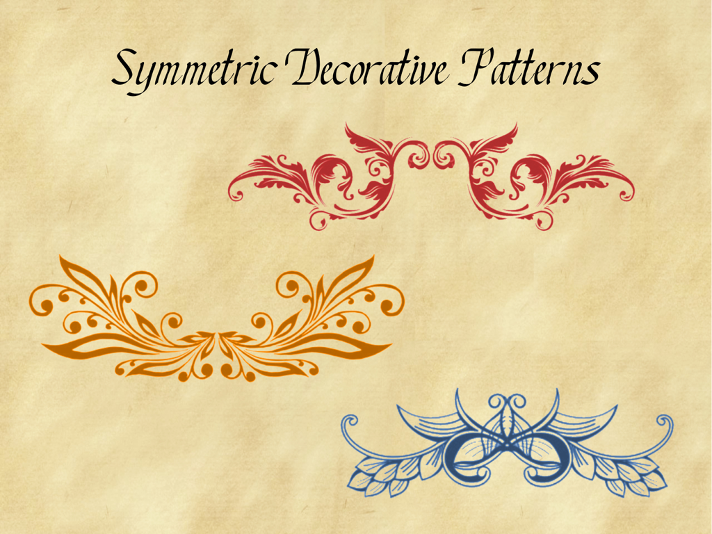 Calligraphy Art - Three colorful symmetric decorative patterns and calligraphic flourishes on an aged parchment background