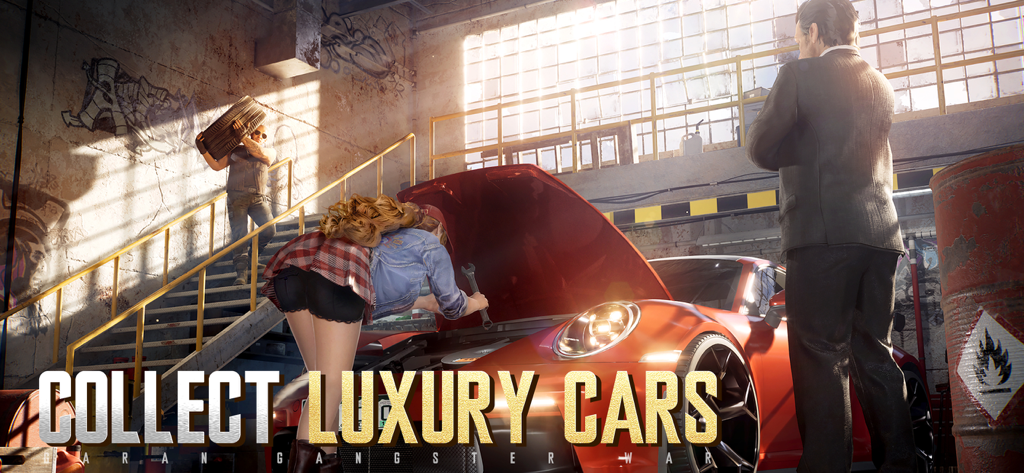 Grand Gangster War - A mafia boss in a suit standing next to a red luxury sports car being repaired in a garage