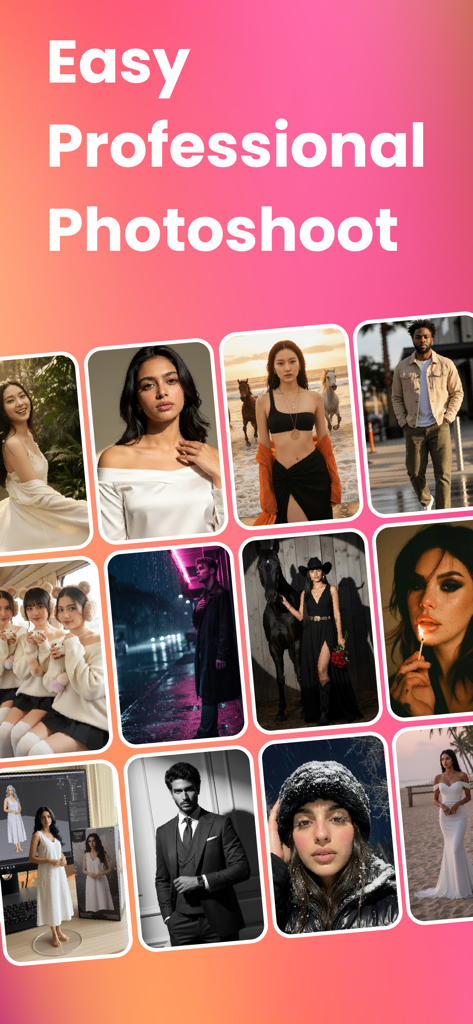 A grid of professional AI generated portraits and lifestyle photos from the RTST app