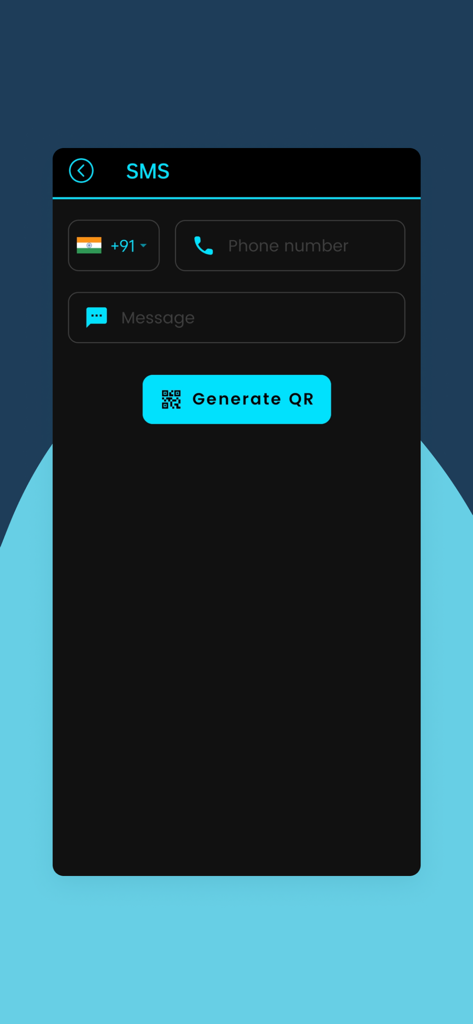 QR Verse - QR Code Generator - Interface of the QR Verse app for creating an SMS QR code with phone number and message fields