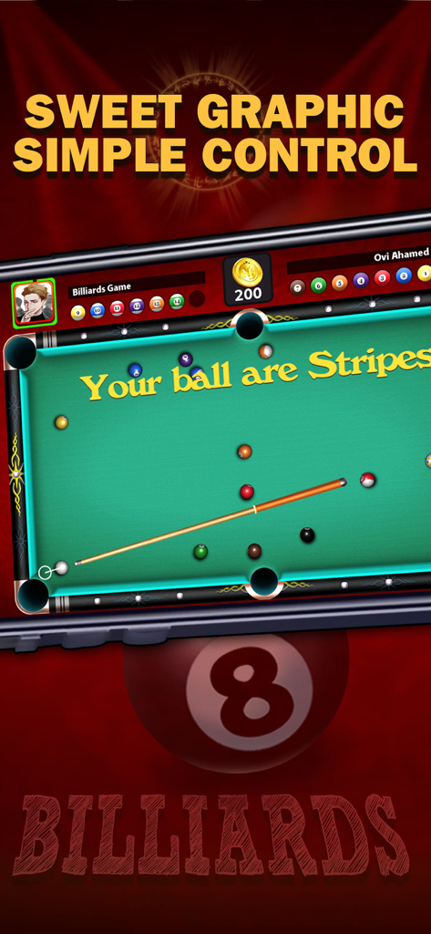 Billiards 8 Ball Pool mobile game screen showing a match with simple controls and sweet graphics