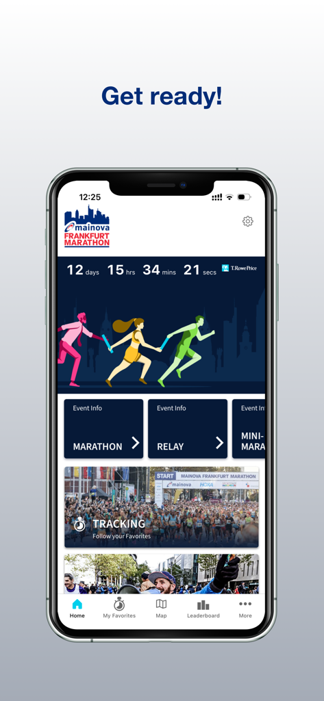 Mainova Frankfurt Marathon app home screen showing race countdown and tracking features