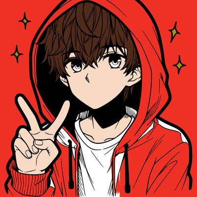 teenage manga boy in a hoodie, doing ✌