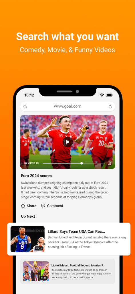 Interfaz del navegador 1DM mostrando noticias deportivas y contenido de video