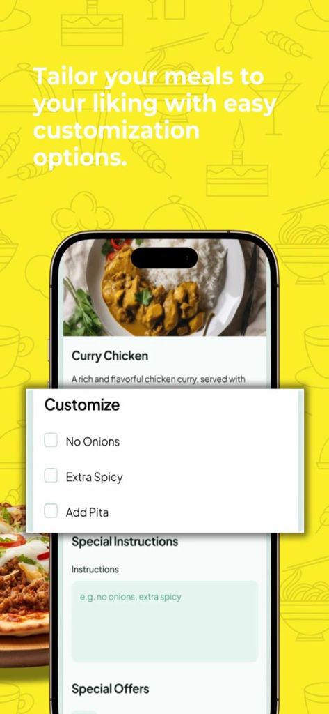 A screenshot of the Island Run Delivery app showing options to customize a curry chicken meal with special instructions