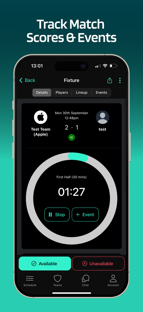 Lineup - Soccer Team App - Schermata dell'app Lineup che mostra un timer di partita di calcio live con punteggio e tracciamento eventi