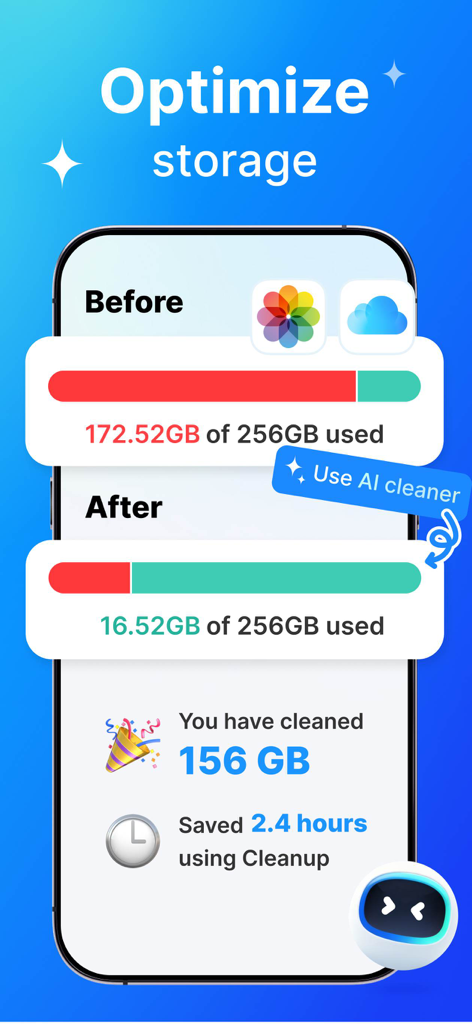 TopCleaner:Release Storage - A screenshot of TopCleaner app showing phone storage being optimized from 172GB down to 16GB using the AI cleaner feature.