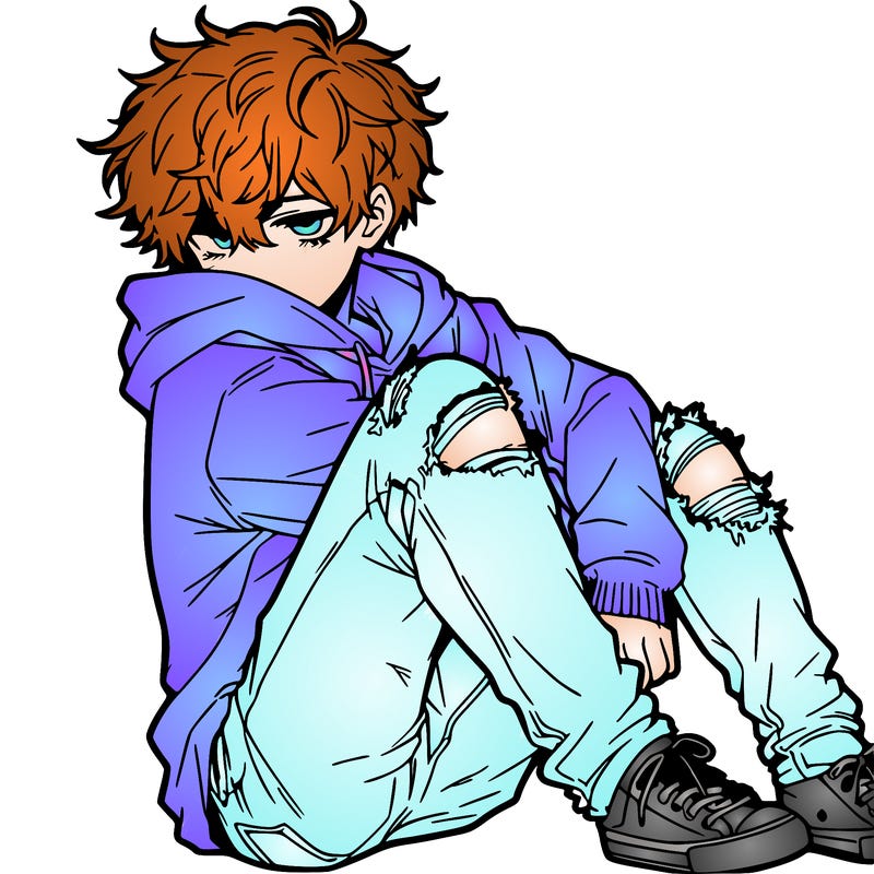a male hoddie ripped jeans messy hair anime