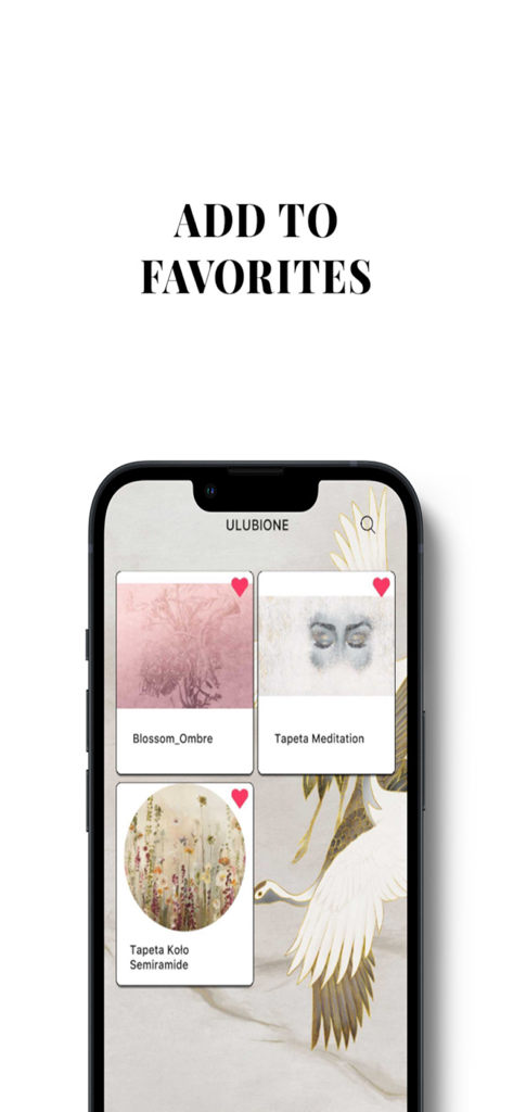 A smartphone screen displaying the favorites section of the WallArt AR app with saved wallpaper designs like Blossom Ombre and Tapeta Meditation.