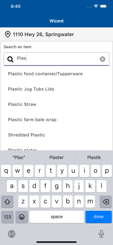 Search interface of the Simcoe County Collects Waste Wizard showing disposal options for plastic items